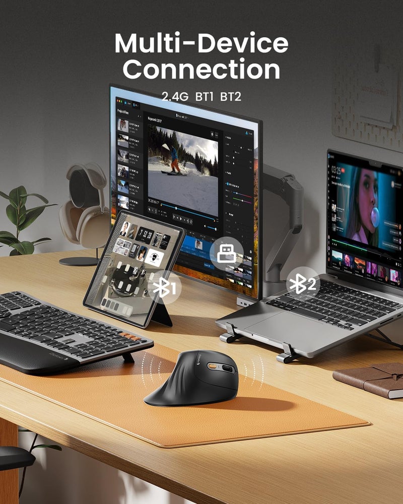 ProtoArc Ergonomic Mouse, EM11 NL Wireless Vertical Mouse, Ergo Mouse with Multi-Device, USB-C Rechargeable Mice for Windows, Mac OS, PC/Notebook/Laptop,Gray - Image 3